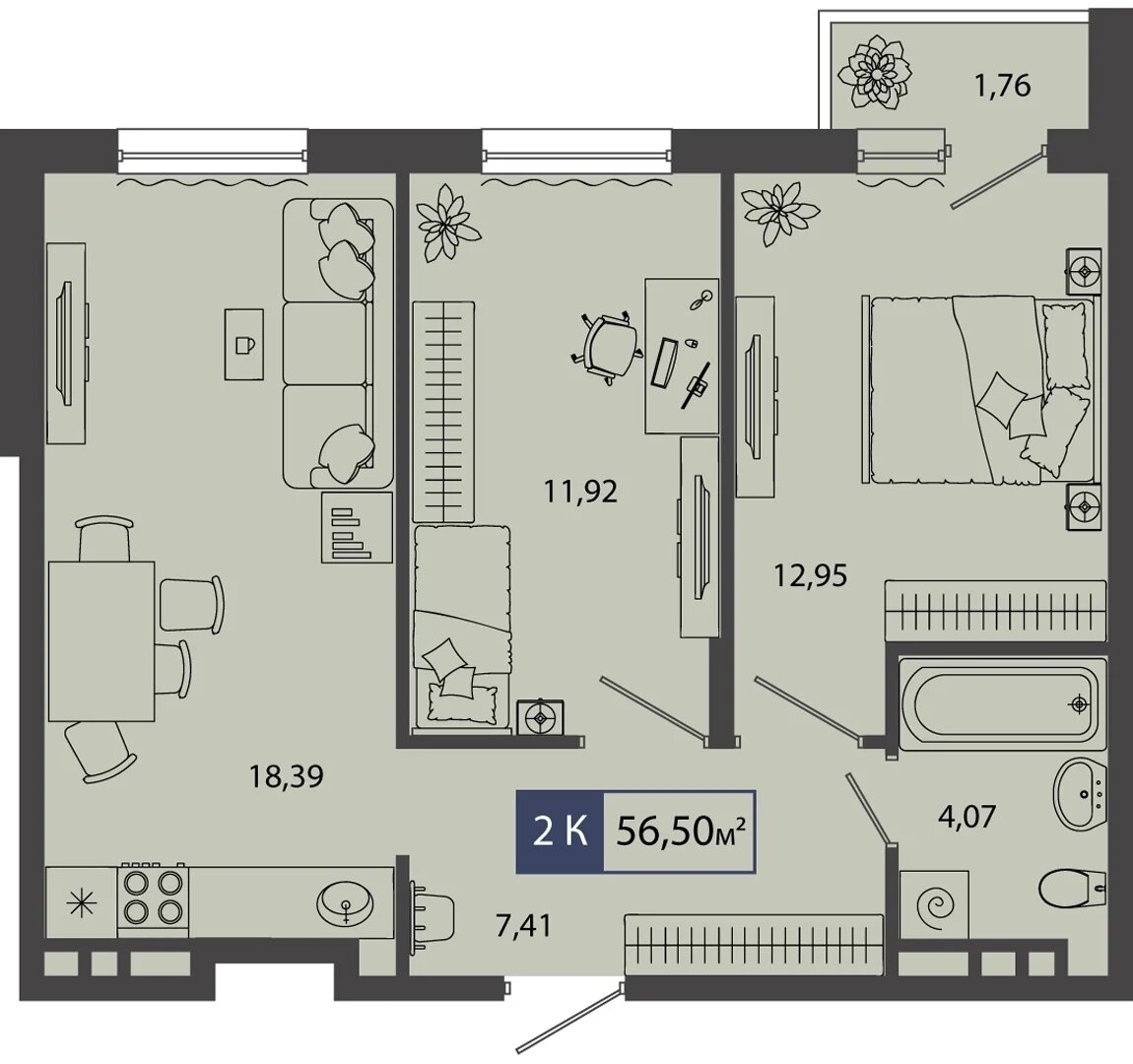 Планировка: Евротрешка 56.5 м² в ЖК Смородина, Мелиораторов