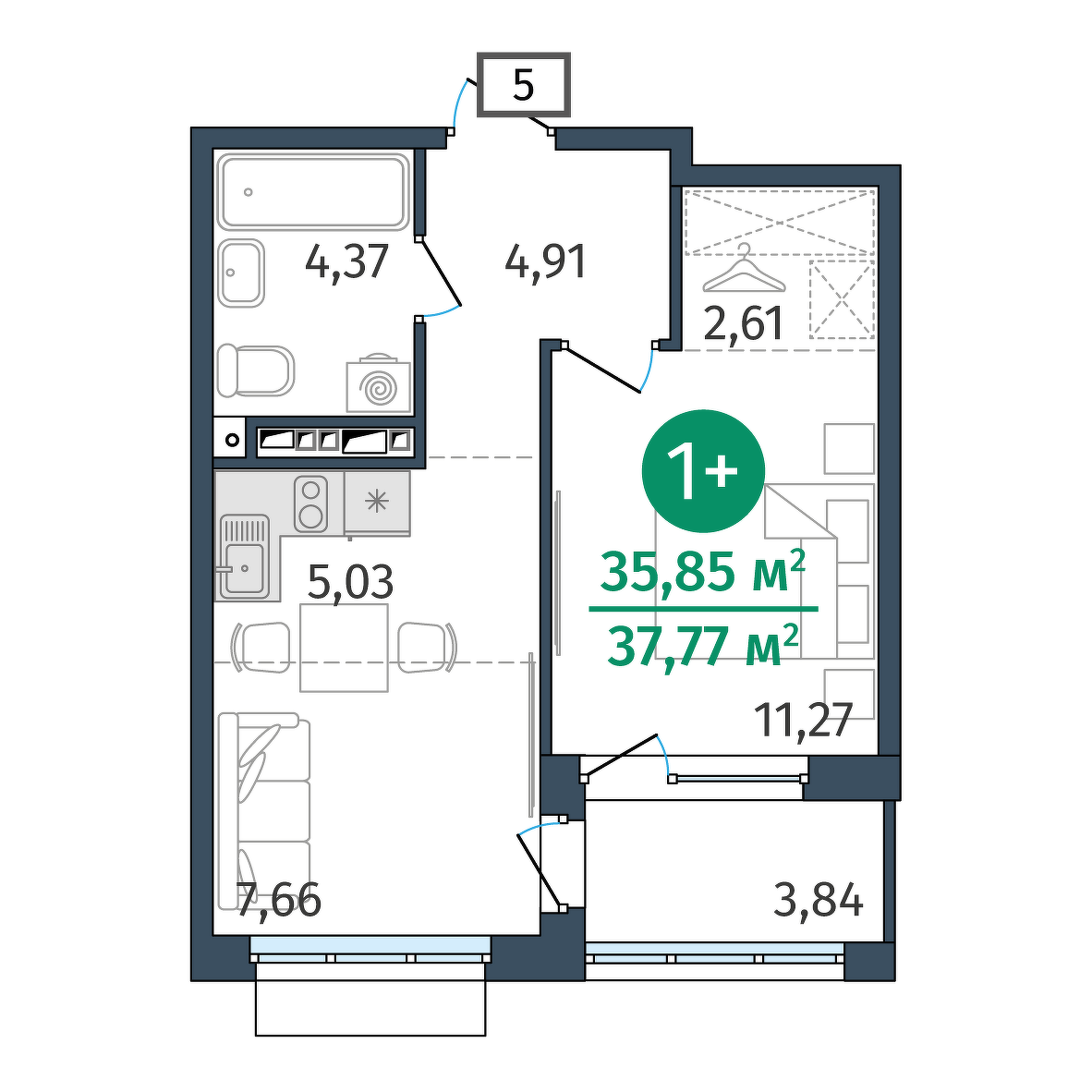 Планировка: 1-комнатная 35.9 м² в ЖК Этика, 5-й Заречный