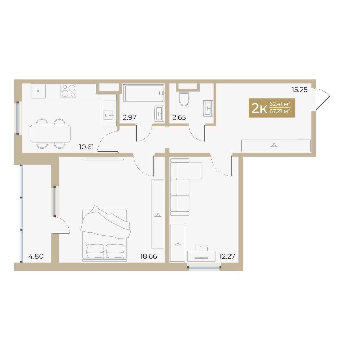 Планировка: 2-комнатная 62.4 м² в ЖК Спутник-2, Мыс