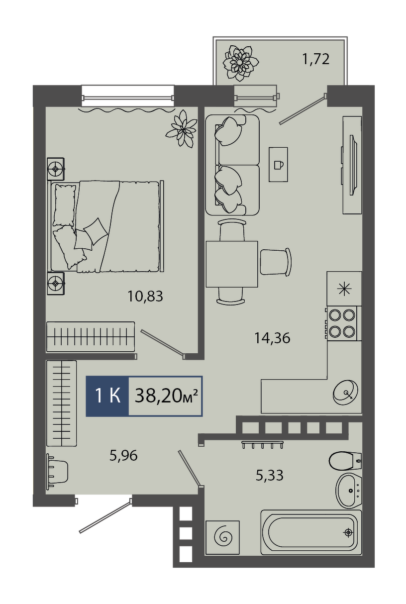 Планировка: Евродвушка 38.2 м² в ЖК Смородина, Мелиораторов