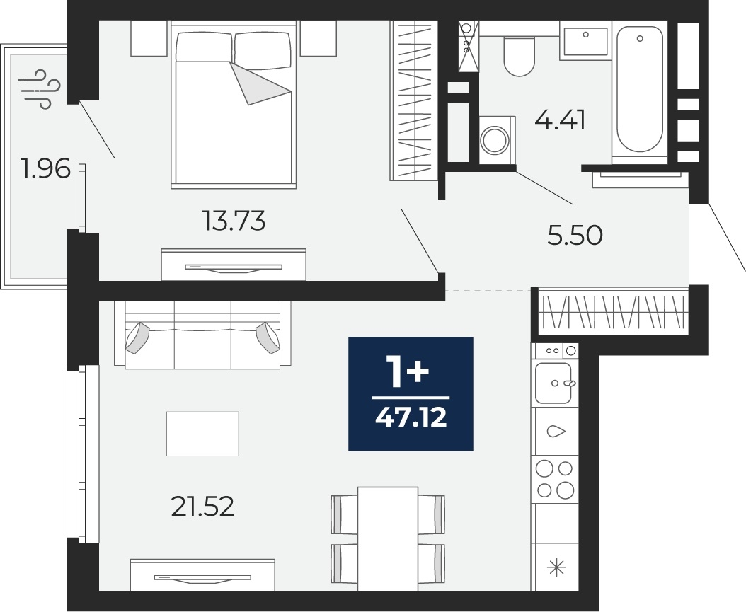 Планировка: Евродвушка 45.2 м² в ЖК Прео, Тюменская слобода
