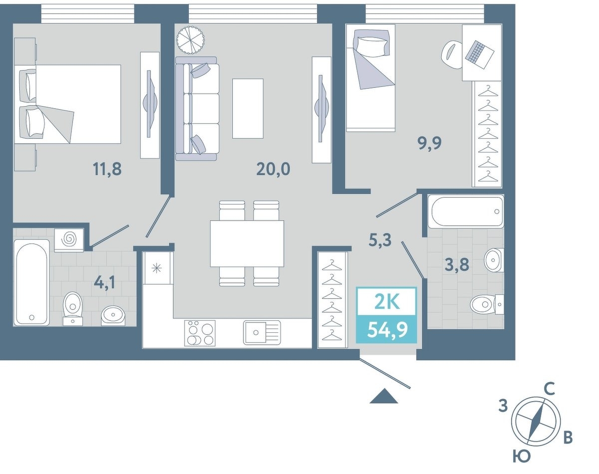 Планировка: Евротрешка 54.9 м² в ЖК AIRIS, Комарово Парк