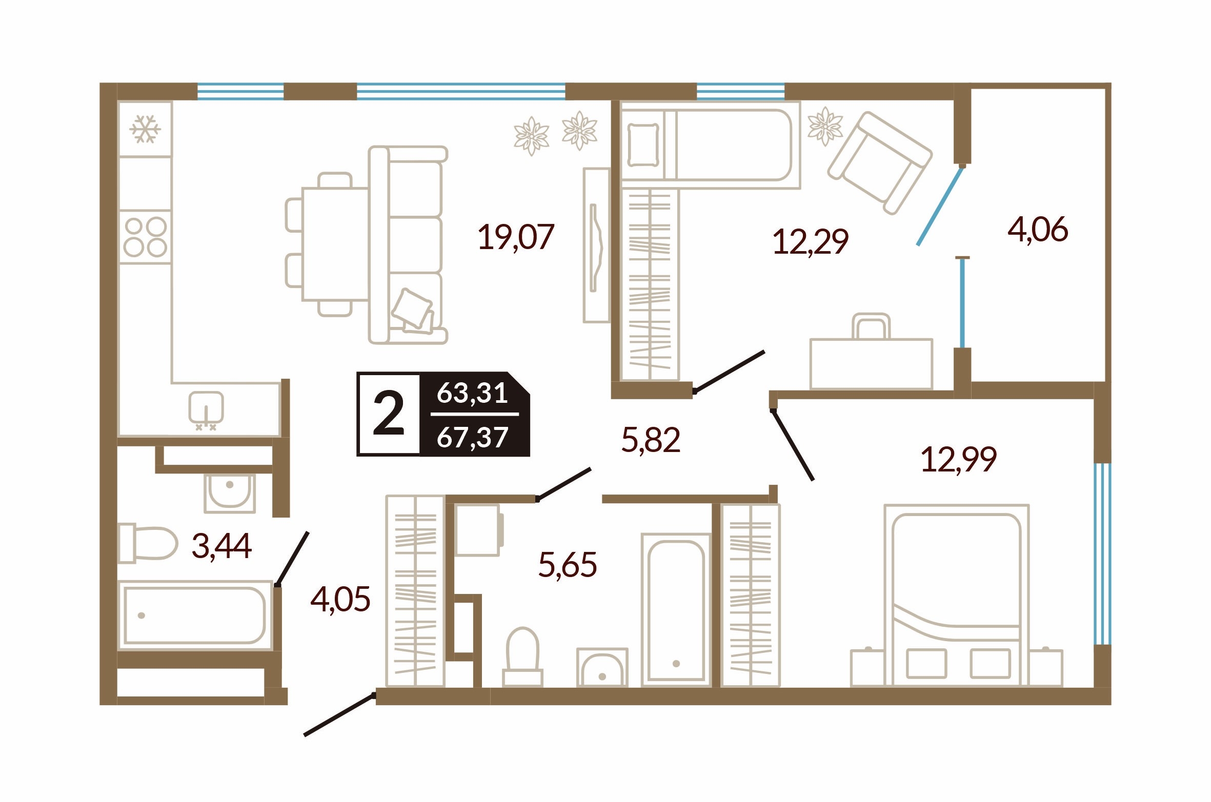 Планировка: Евротрешка 67.4 м² в ЖК Концепт Озерный, Лесобаза