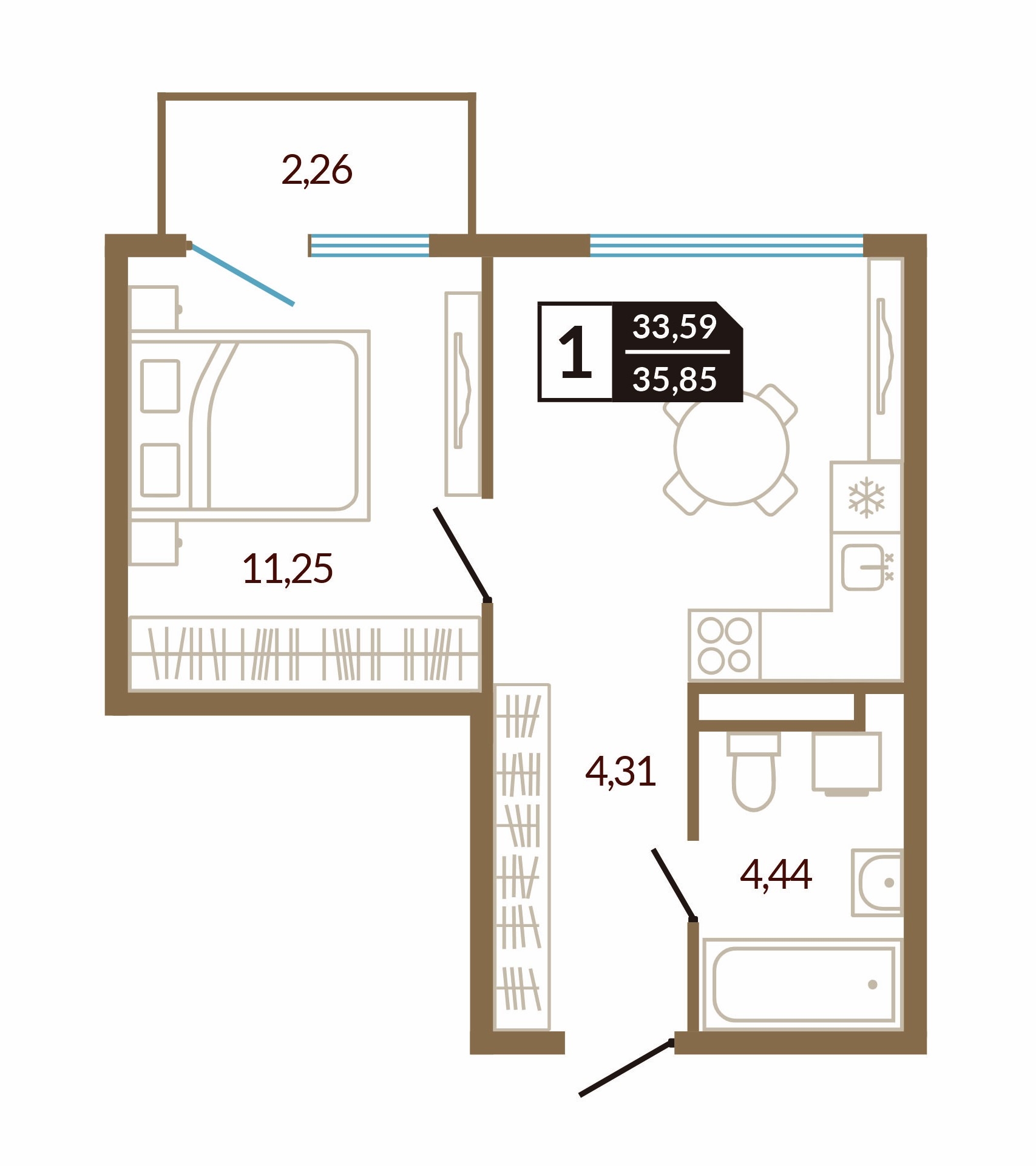 Планировка: Евродвушка 35.9 м² в ЖК Концепт Озерный, Лесобаза