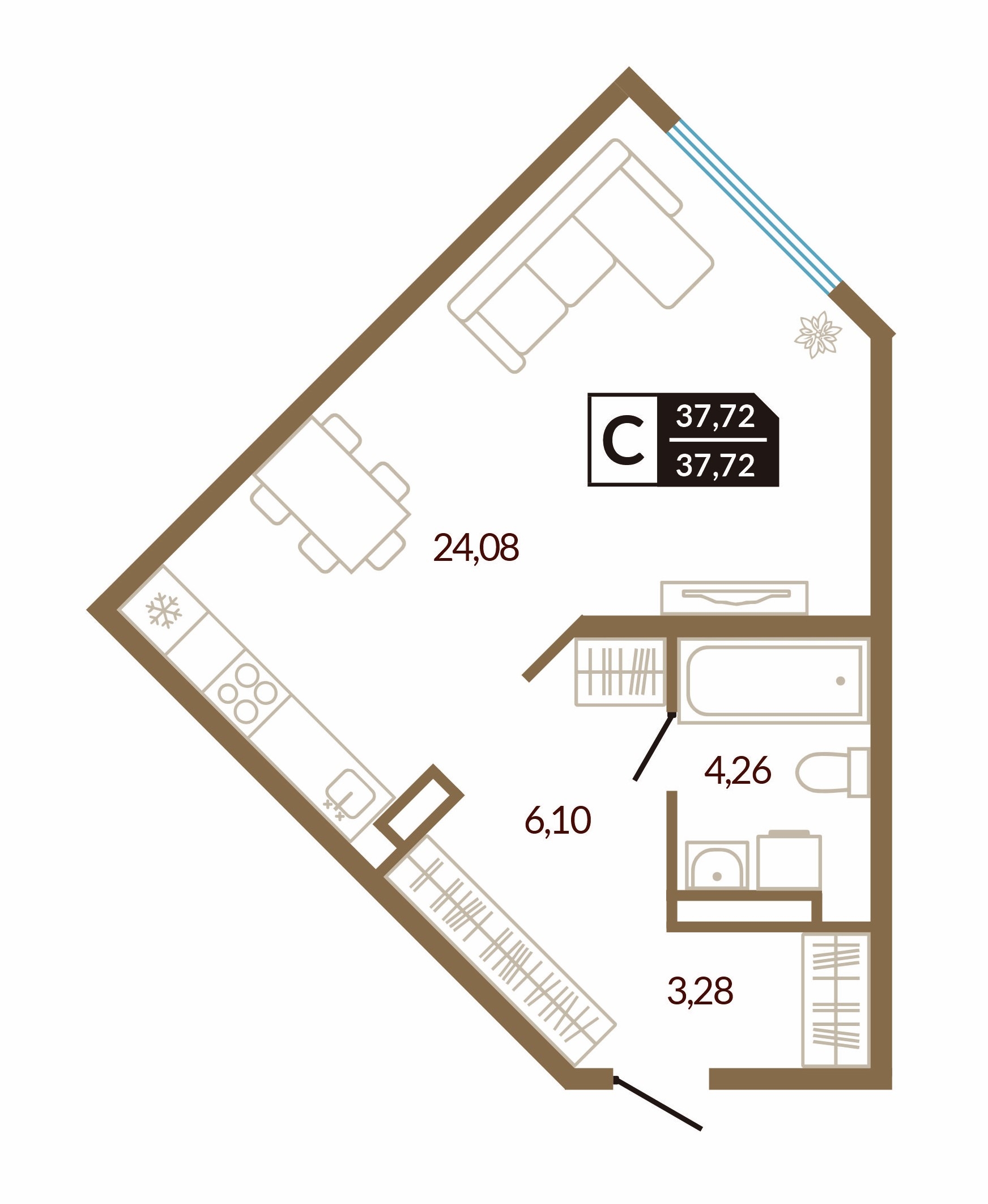 Планировка: Студия 37.7 м² в ЖК Концепт Озерный, Лесобаза