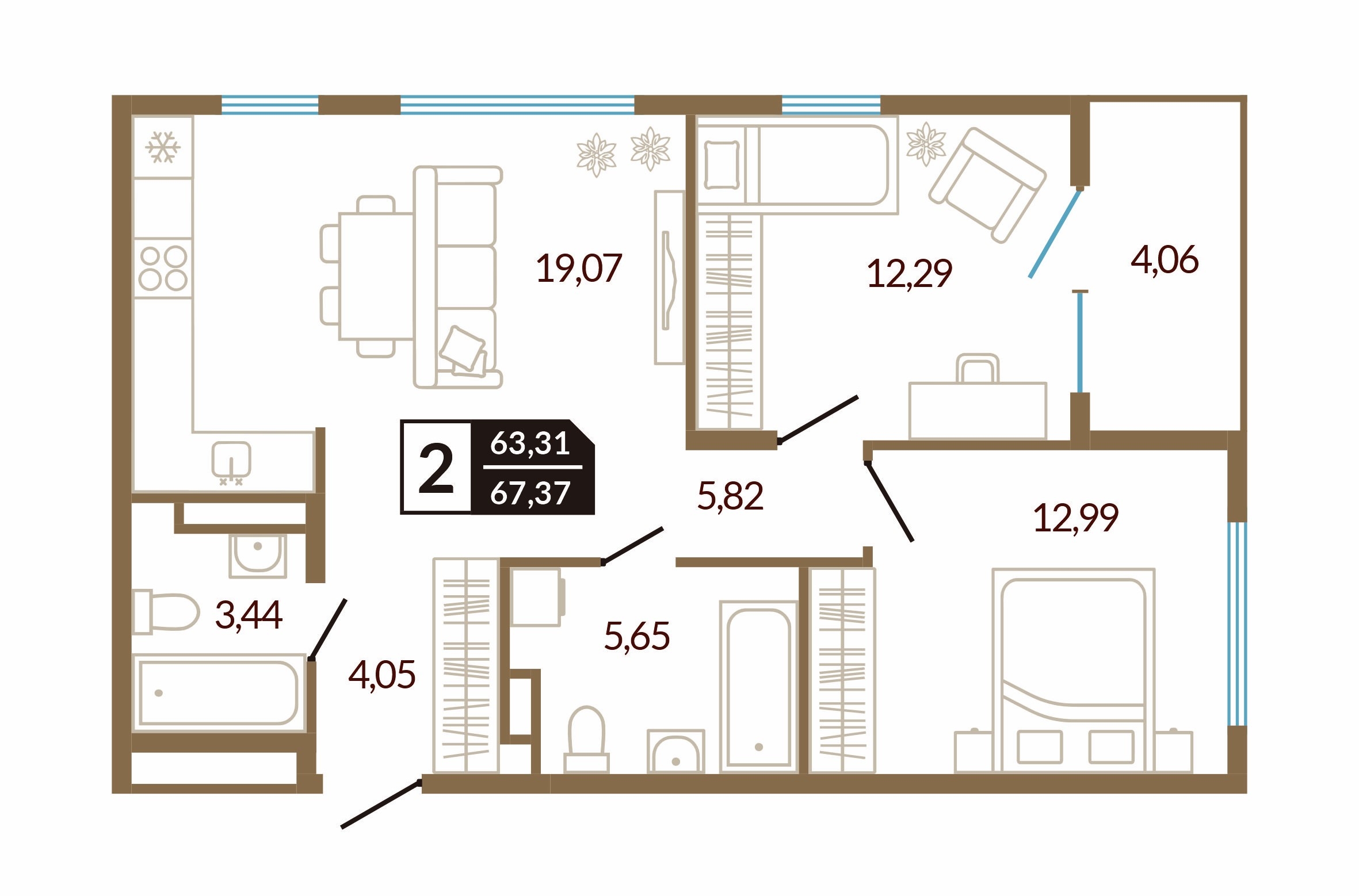 Планировка: Евротрешка 67.4 м² в ЖК Концепт Озерный, Лесобаза