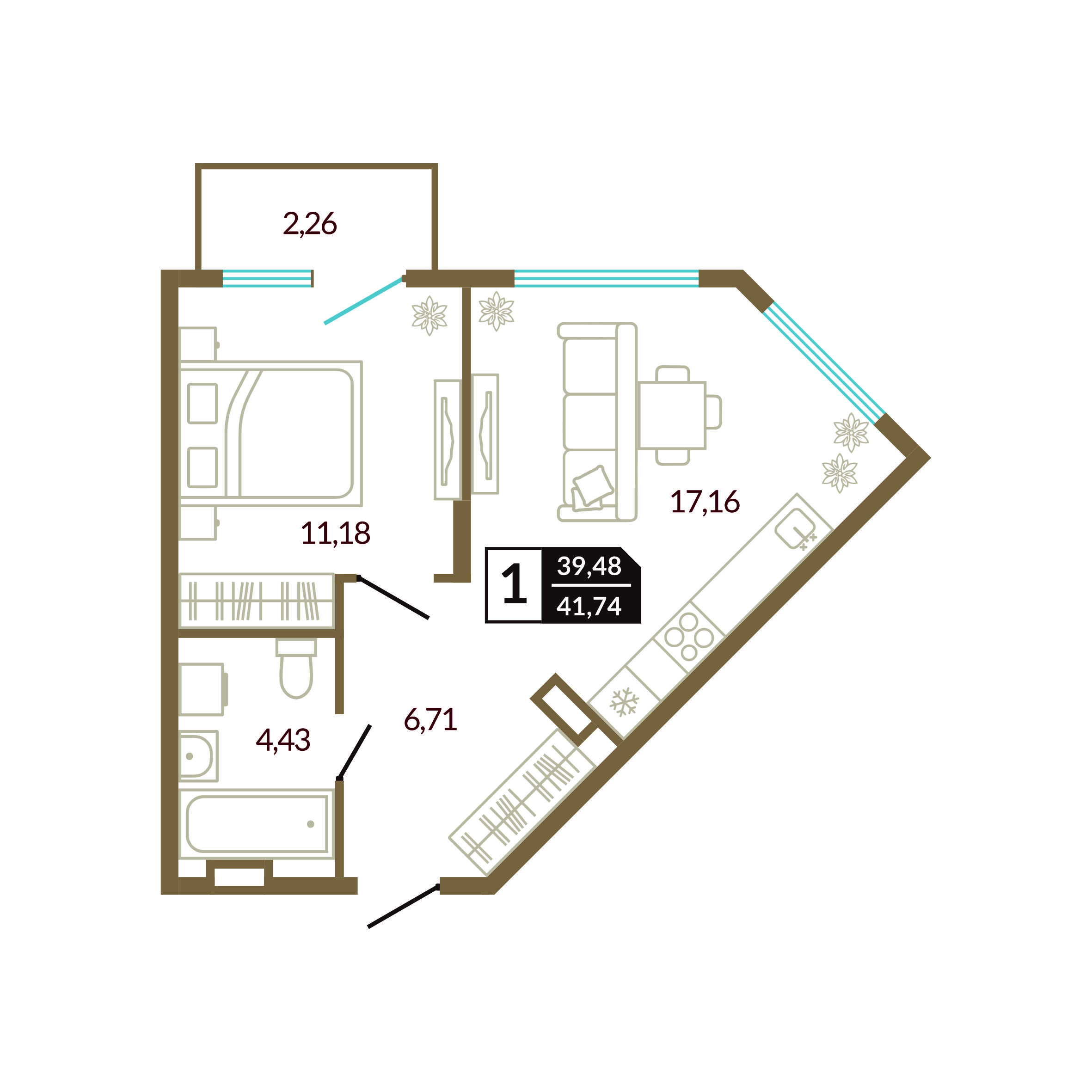 Планировка: Евродвушка 41.7 м² в ЖК Концепт Озерный, Лесобаза