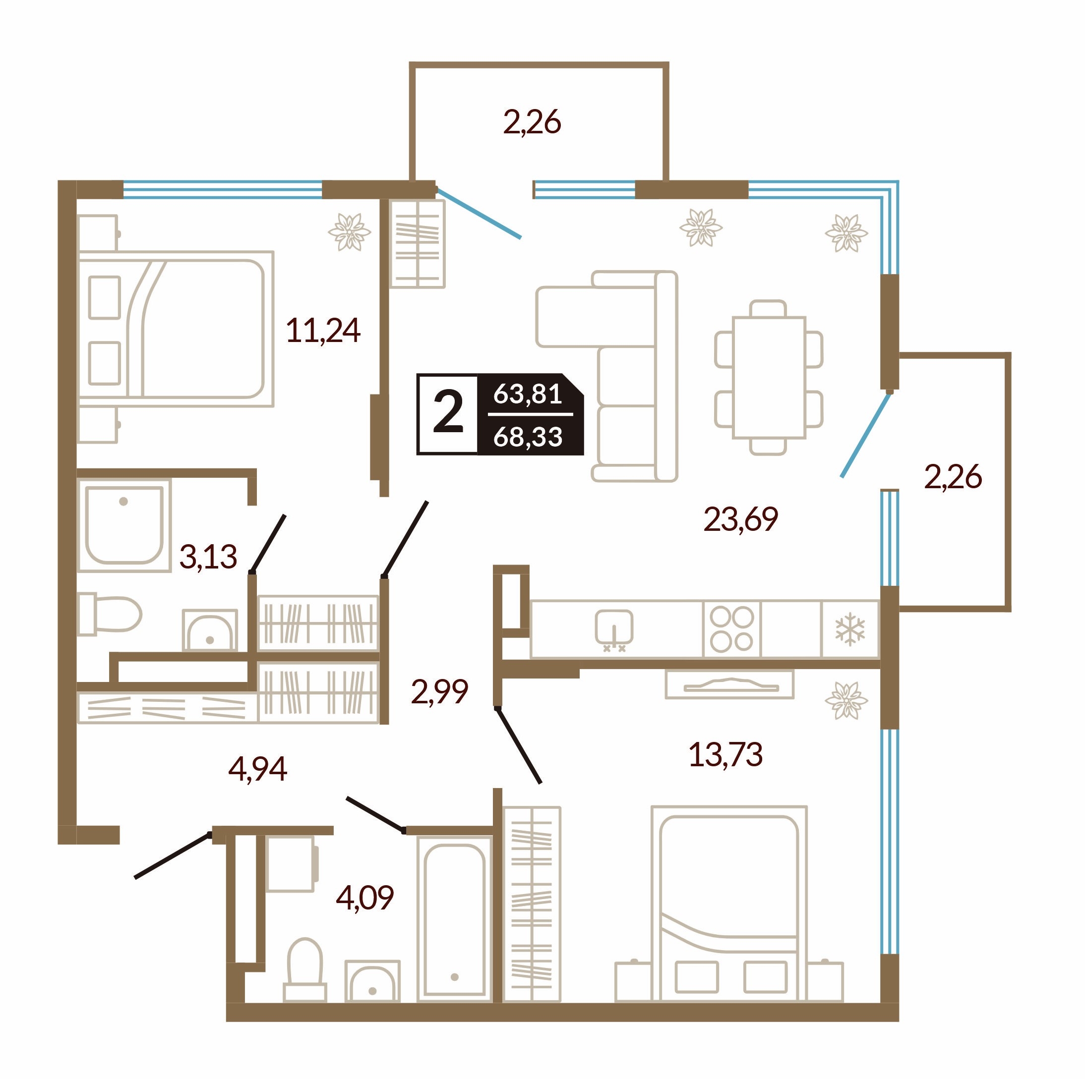 Планировка: Евротрешка 68.3 м² в ЖК Концепт Озерный, Лесобаза
