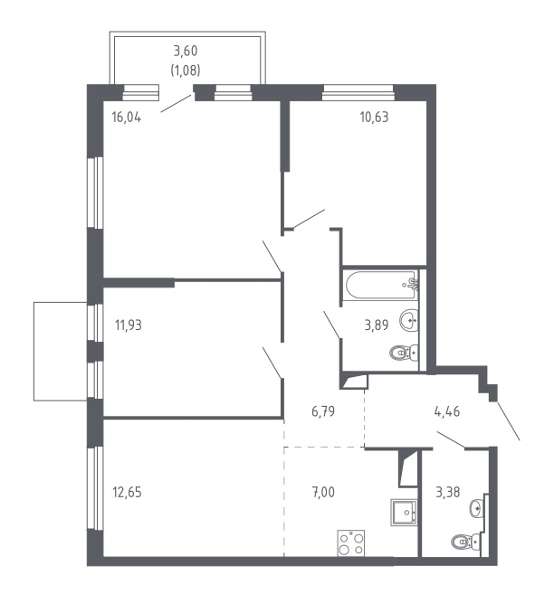Планировка: 4-комнатная евро 76.7 м² в ЖК Чаркова 72, Мыс