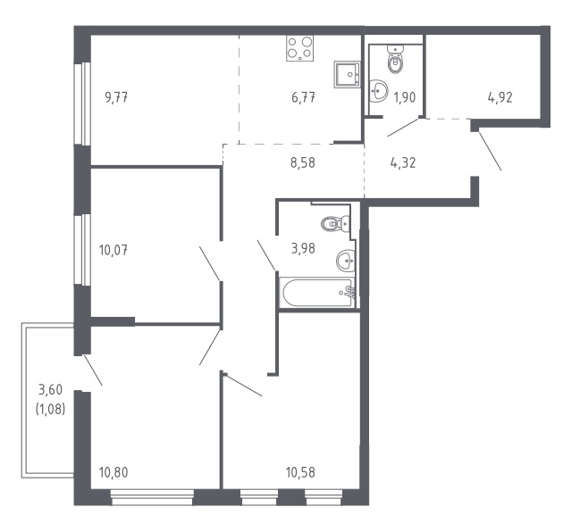 Планировка: 4-комнатная евро 72.8 м² в ЖК Чаркова 72, Мыс