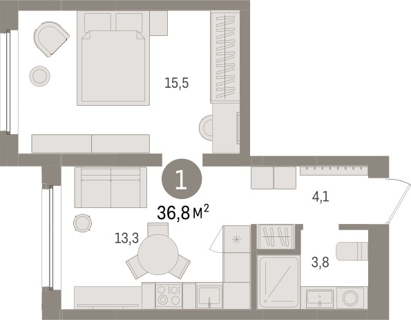 Планировка: Евродвушка 36.8 м² в ЖК Зарека, Заречный