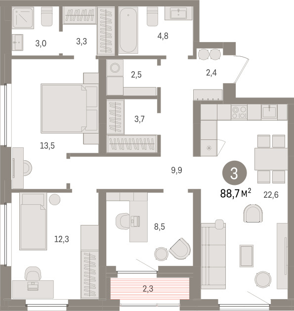 Планировка: 4-комнатная евро 88.7 м² в ЖК Зарека, Заречный