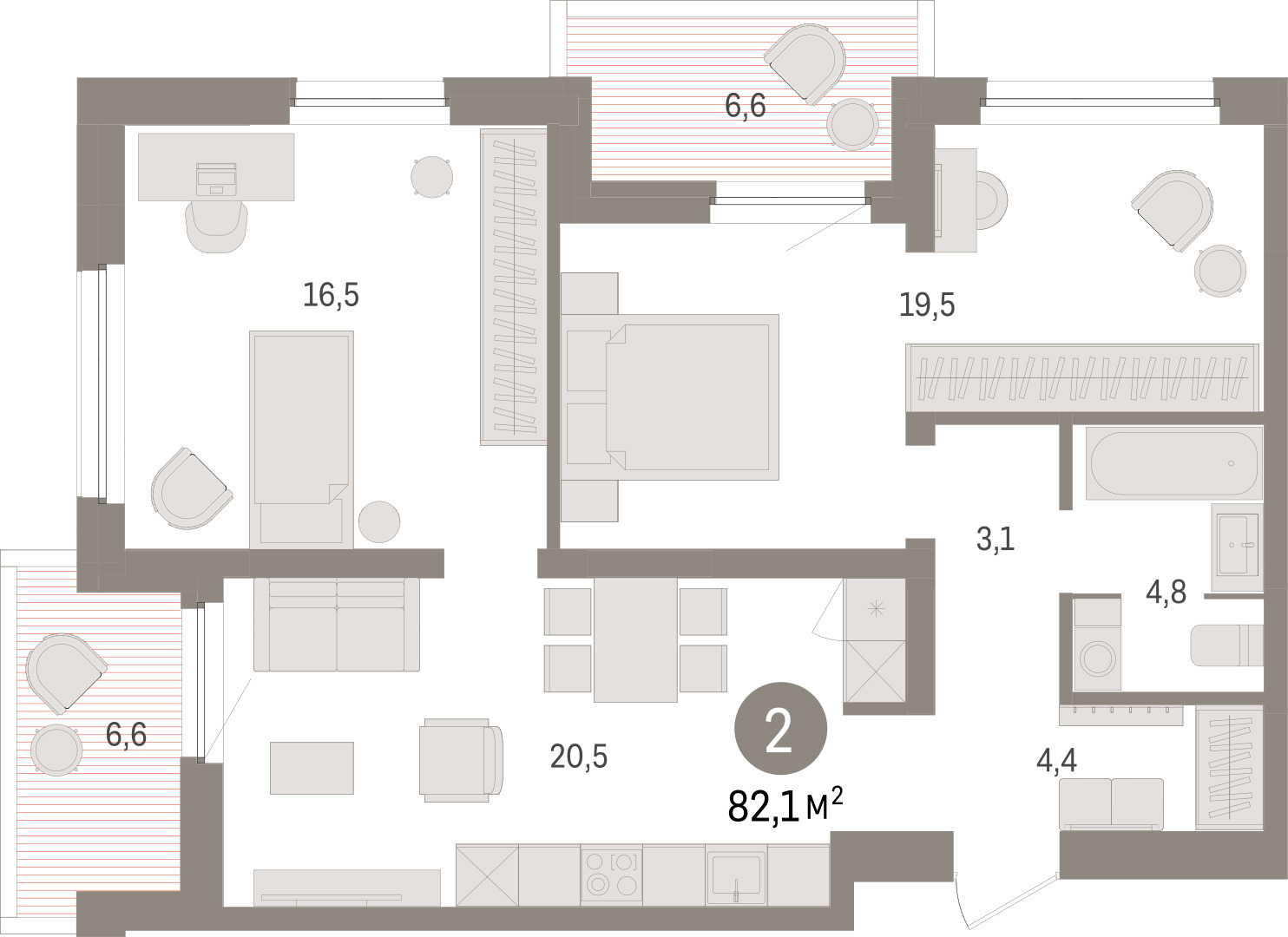 Планировка: Евротрешка 82.1 м² в ЖК Зарека, Заречный