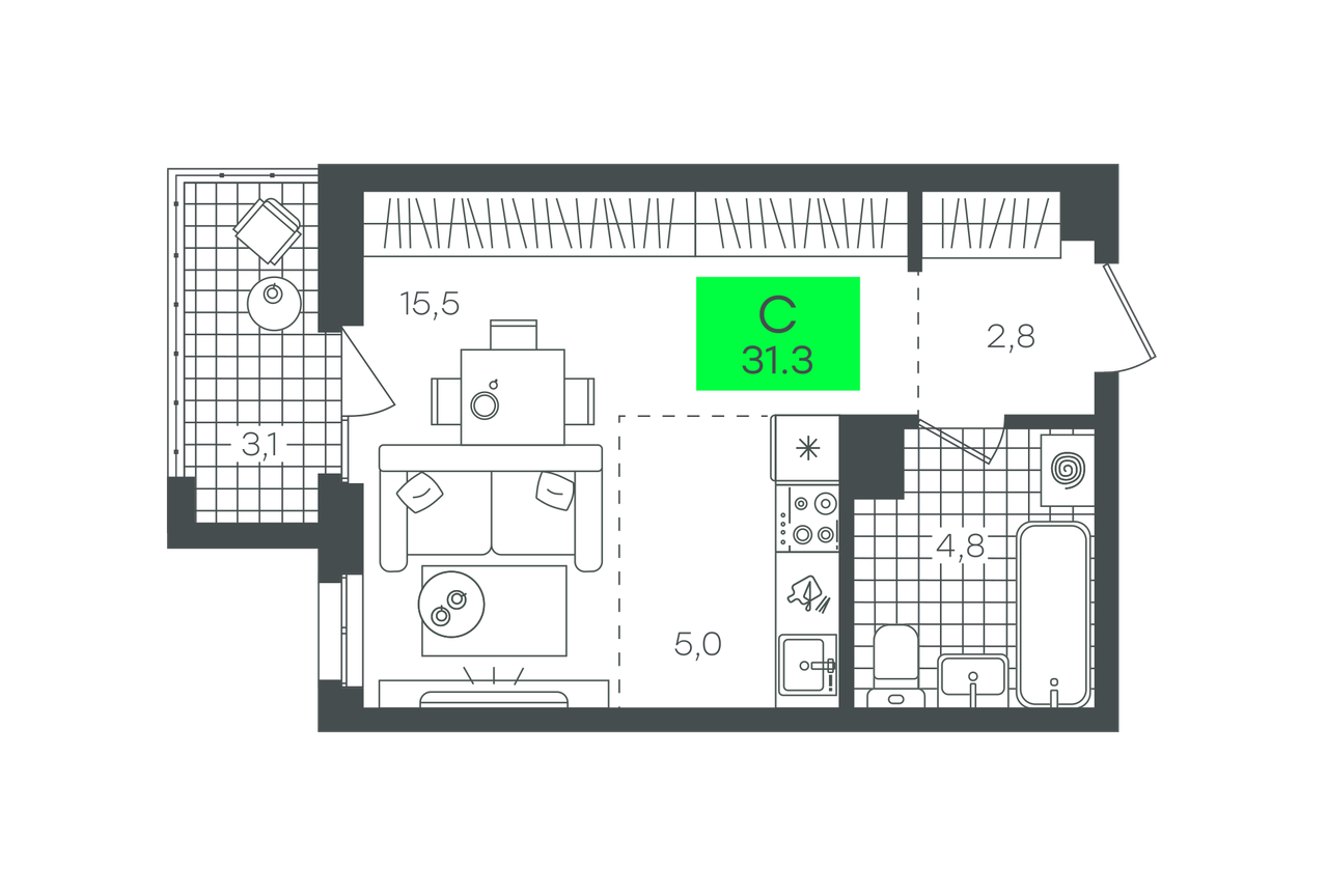 Планировка: Студия 31.4 м² в ЖК Сезоны, От Слободы до Комарово парк