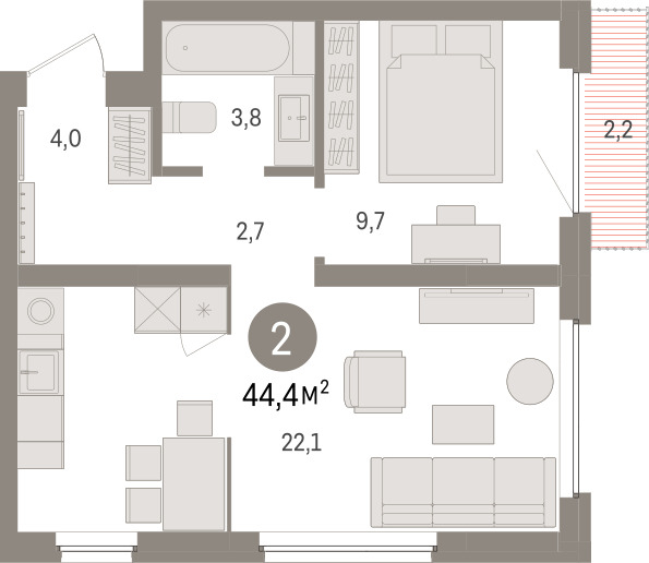 Планировка: Евродвушка 44.4 м² в ЖК Зарека, Заречный