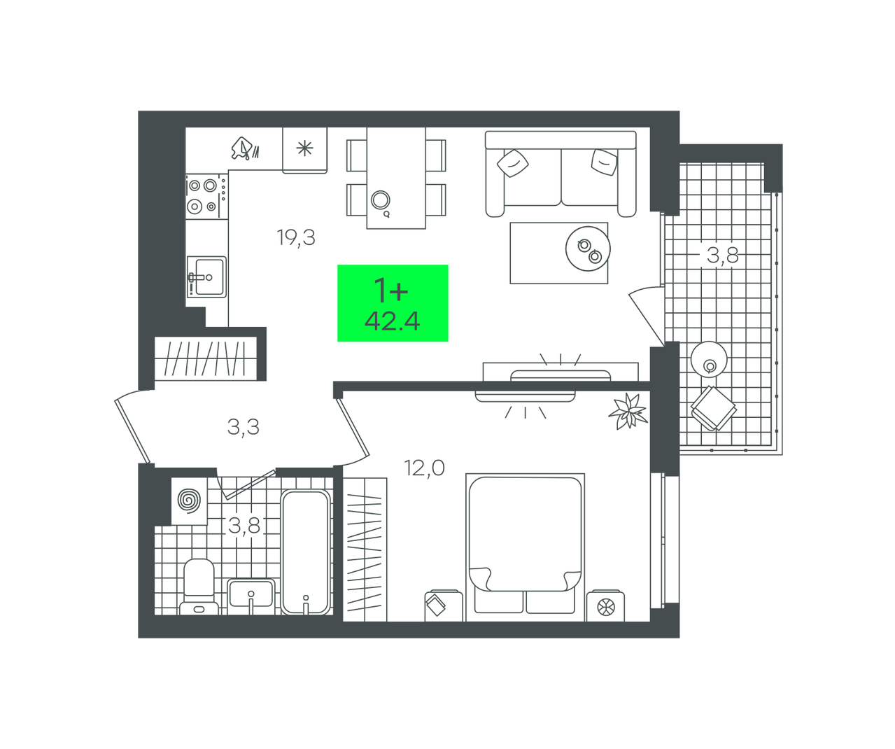 Планировка: Евродвушка 42.4 м² в ЖК Сезоны, От Слободы до Комарово парк