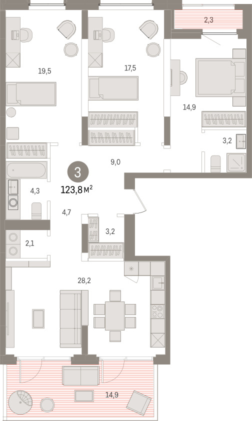 Планировка: 4-комнатная евро 123.7 м² в ЖК Зарека, Заречный