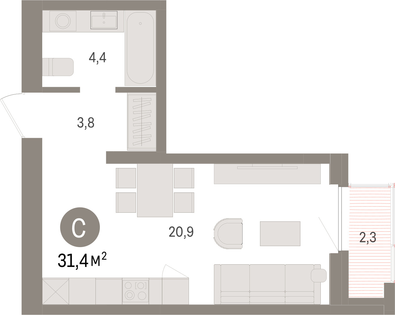 Планировка: Студия 31.4 м² в ЖК Зарека, Заречный