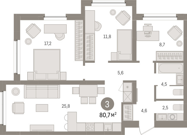 Планировка: 4-комнатная евро 80.7 м² в ЖК Зарека, Заречный