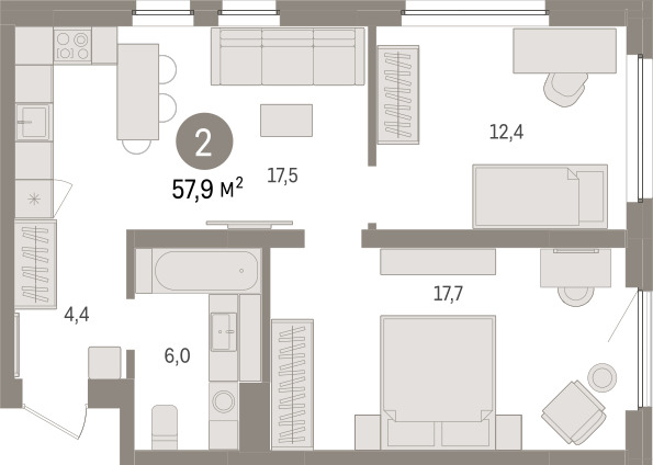 Планировка: Евротрешка 57.9 м² в ЖК Зарека, Заречный
