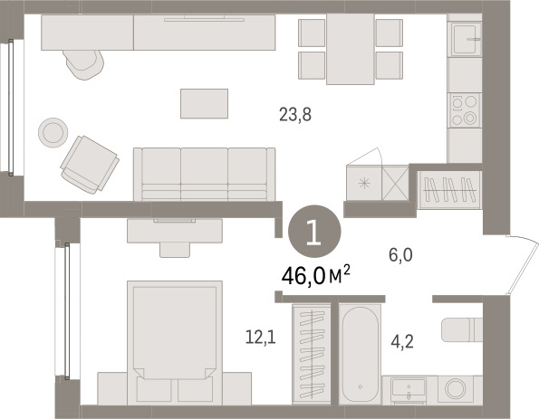 Планировка: Евродвушка 46 м² в ЖК Зарека, Заречный