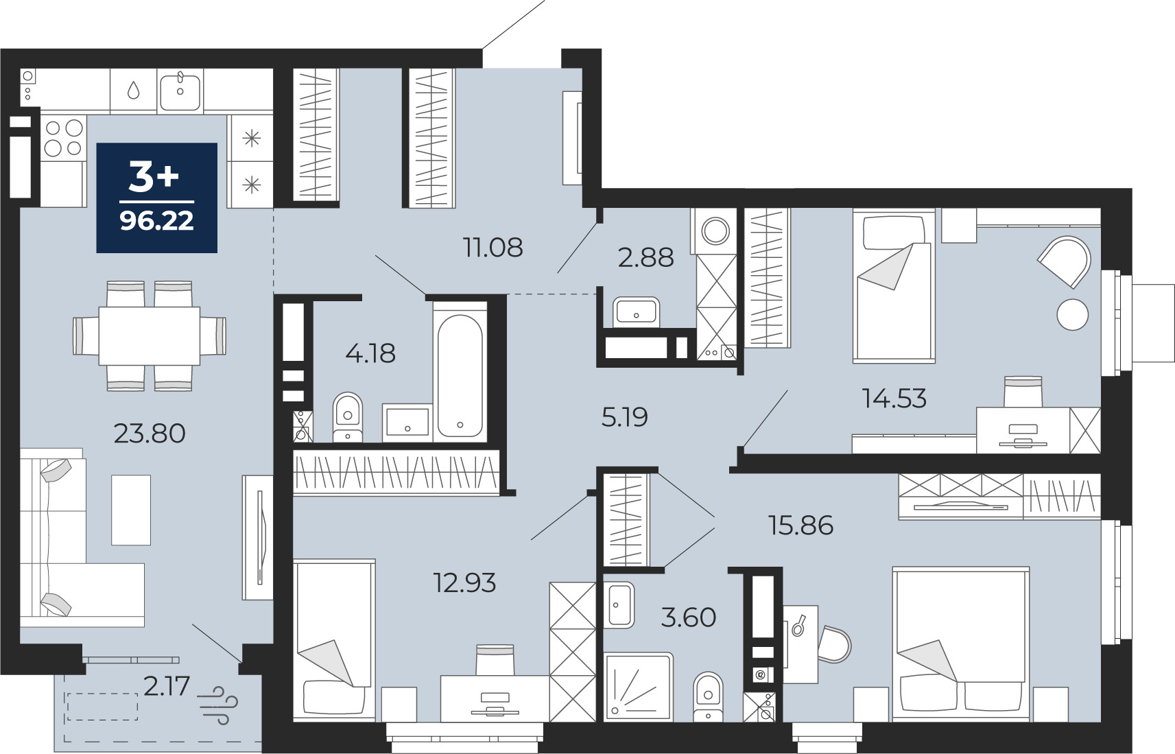 Планировка: 4-комнатная евро 94 м² в ЖК Мириады, Мыс