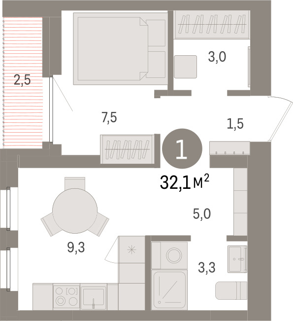 Планировка: 1-комнатная 31.9 м² в ЖК Зарека, Заречный