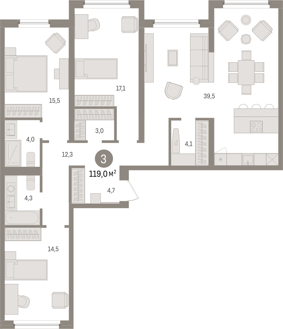 Планировка: 4-комнатная евро 119 м² в ЖК Зарека, Заречный