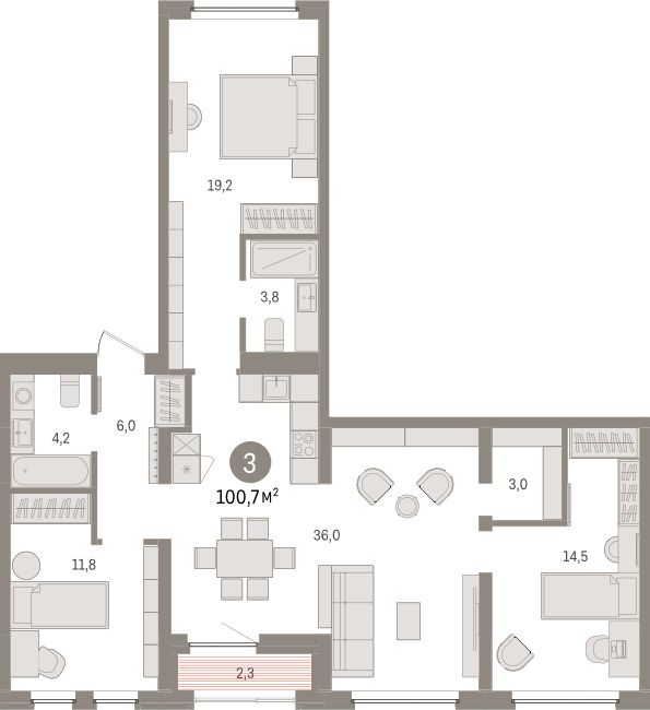 Планировка: 4-комнатная евро 100.7 м² в ЖК Зарека, Заречный