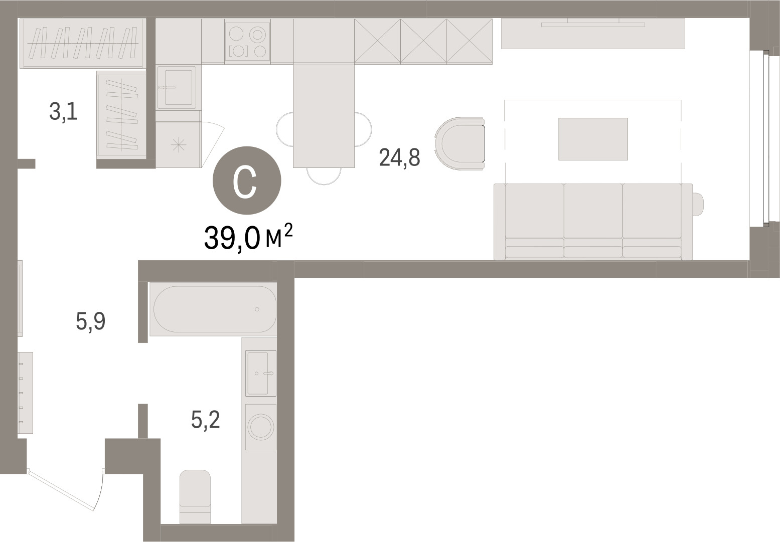Планировка: Студия 39 м² в ЖК Зарека, Заречный