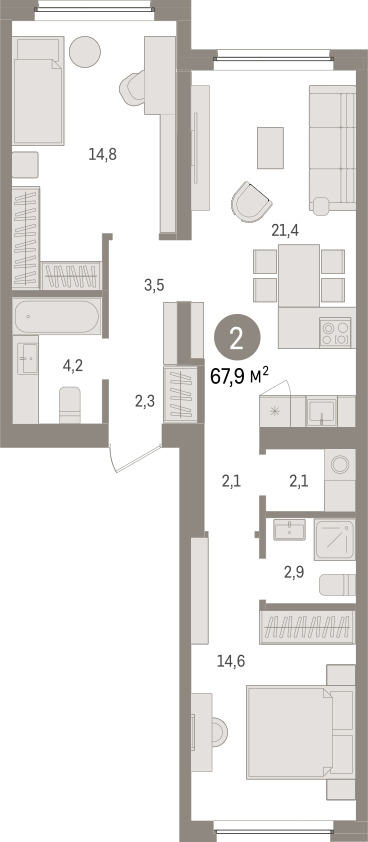 Планировка: Евротрешка 67.9 м² в ЖК Зарека, Заречный