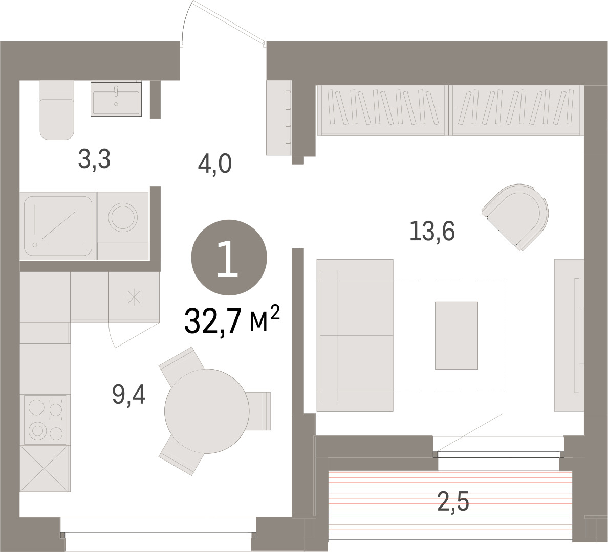 Планировка: 1-комнатная 32.5 м² в ЖК Зарека, Заречный
