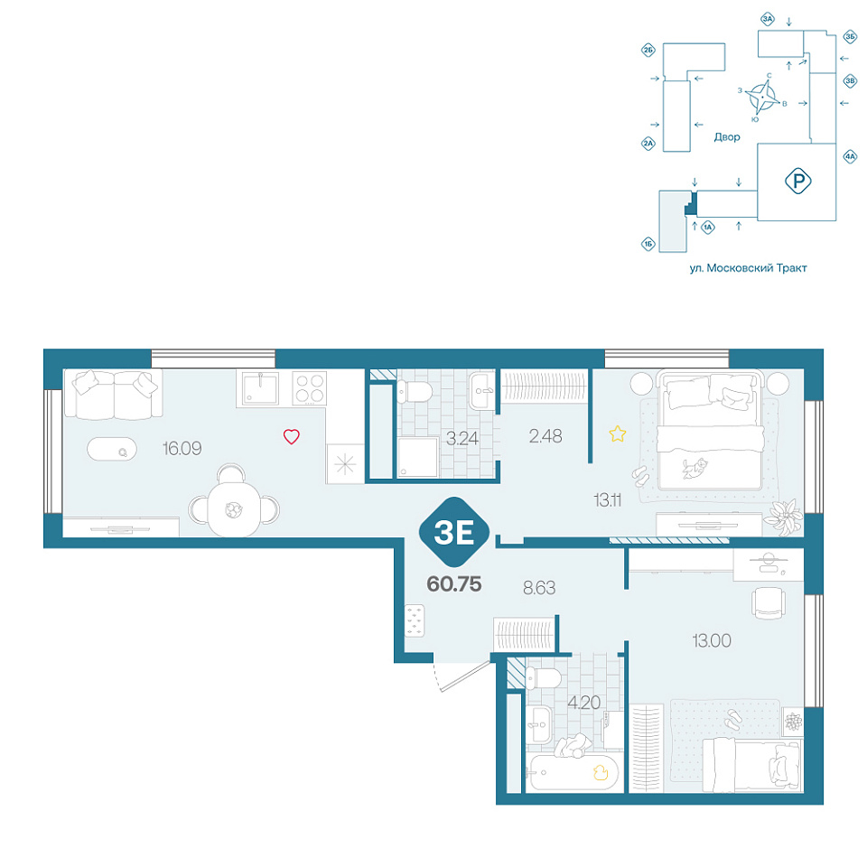 Планировка: Евротрешка 60.8 м² в ЖК Сибирский, Московский тракт