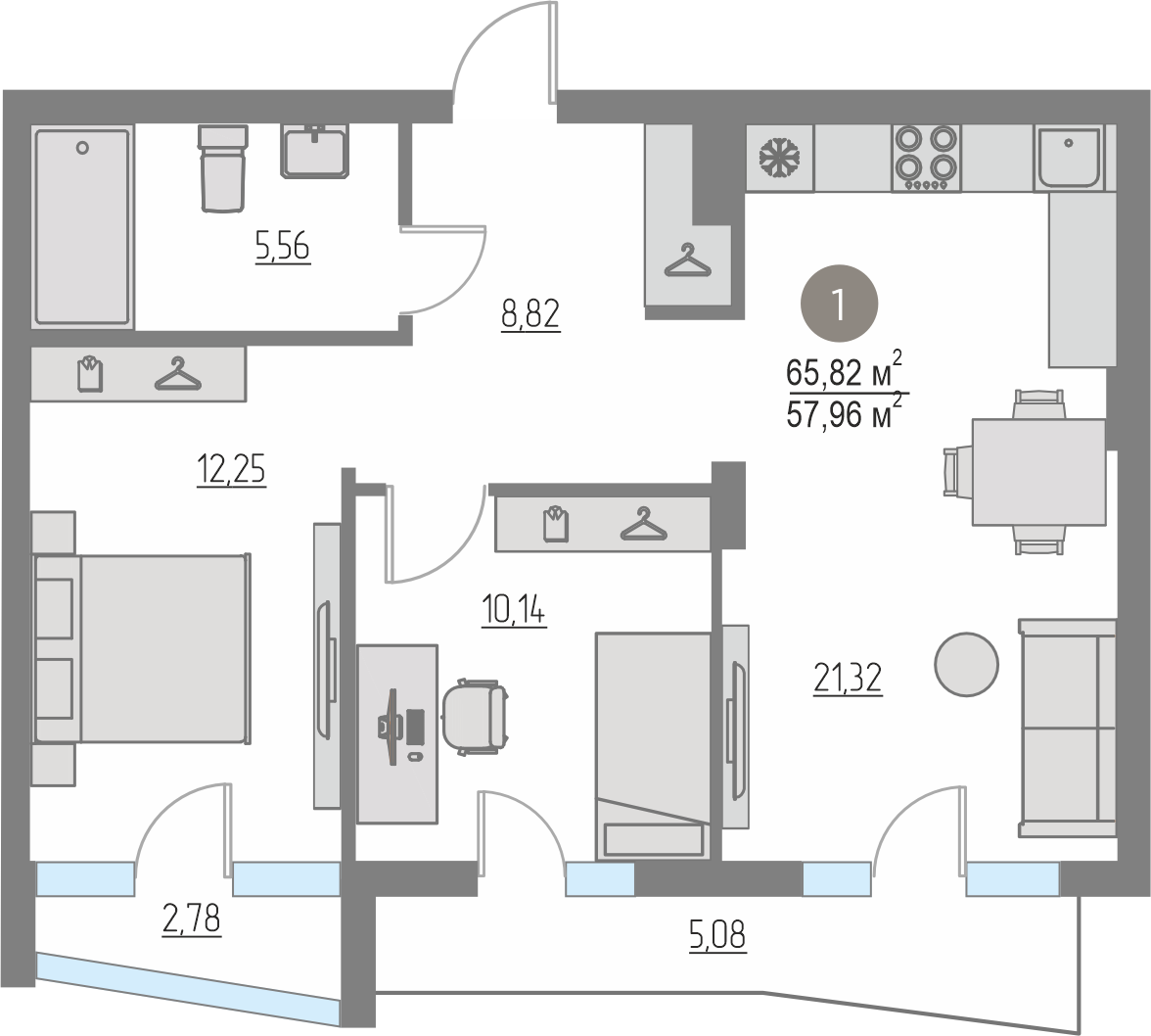 Планировка: Евротрешка 65.8 м² в ЖК Кипрея, Область
