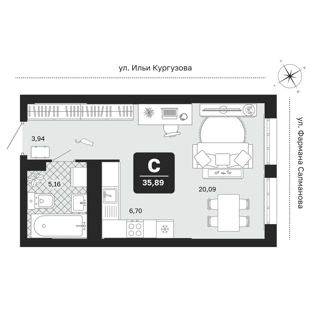 Планировка: Студия 35.9 м² в ЖК Мидгард в Комарово Парк, От Слободы до Комарово парк