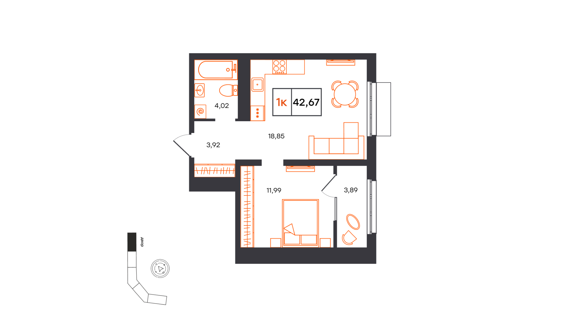 Планировка: Евродвушка 42.7 м² в ЖК Фатера, Дом Обороны