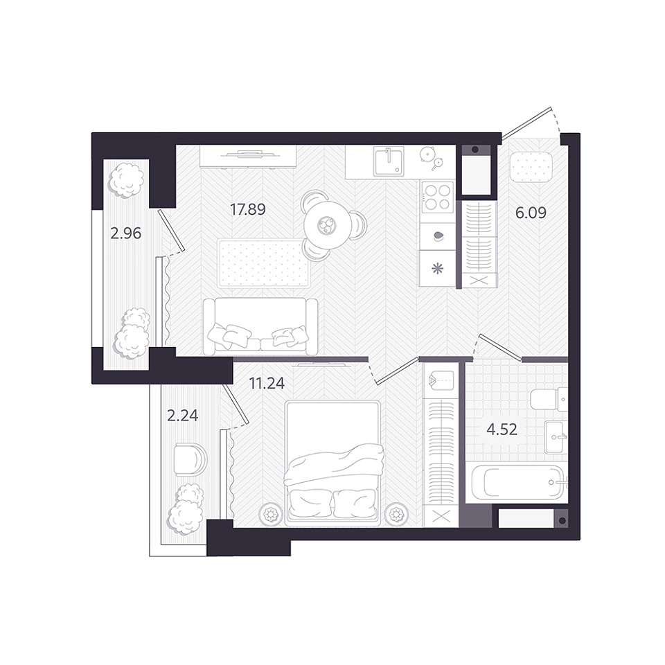 Планировка: Евродвушка 41.3 м² в ЖК Темплин, Центр