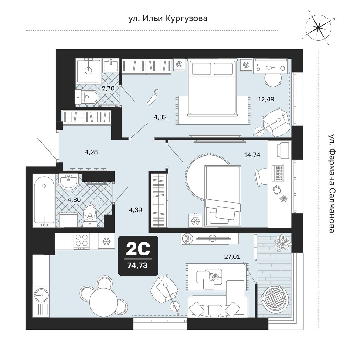 Планировка: Евротрешка 74.7 м² в ЖК Мидгард в Комарово Парк, От Слободы до Комарово парк