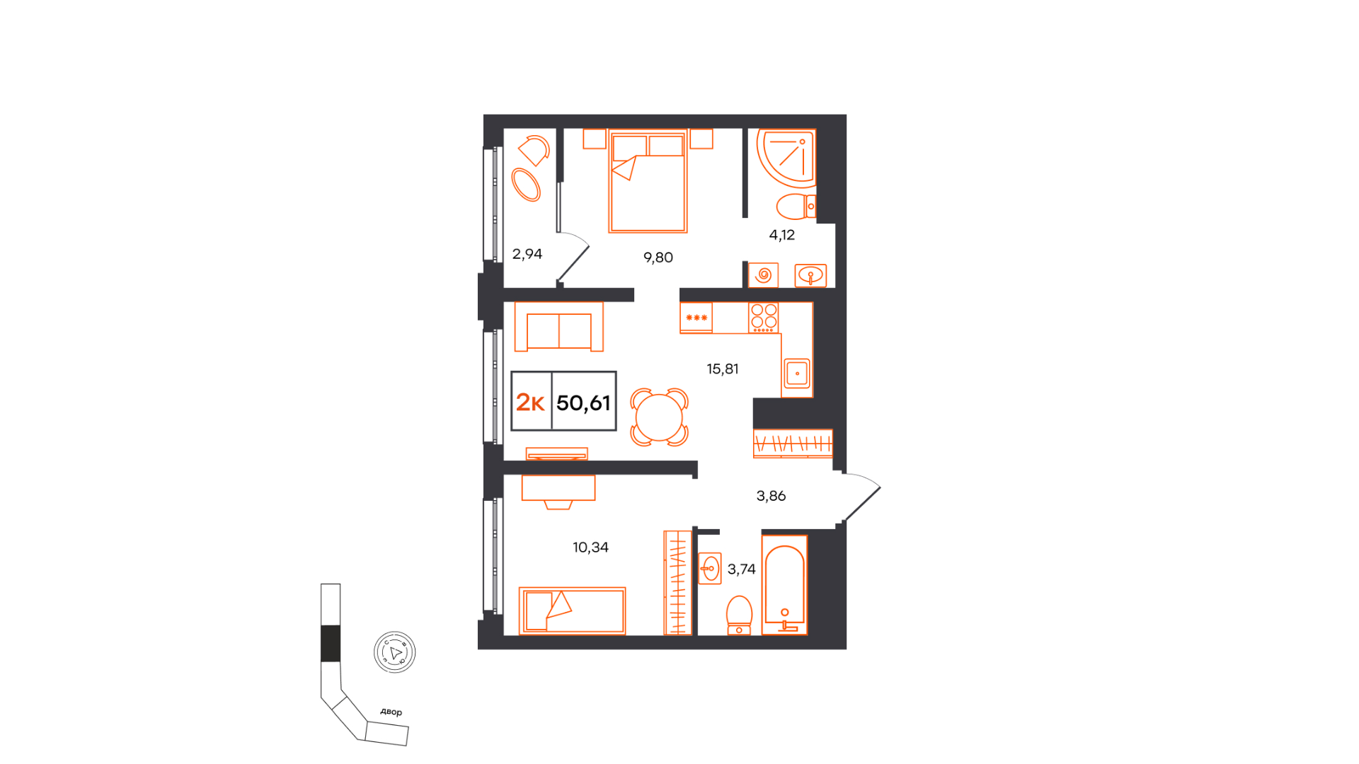 Планировка: Евротрешка 50.6 м² в ЖК Фатера, Дом Обороны