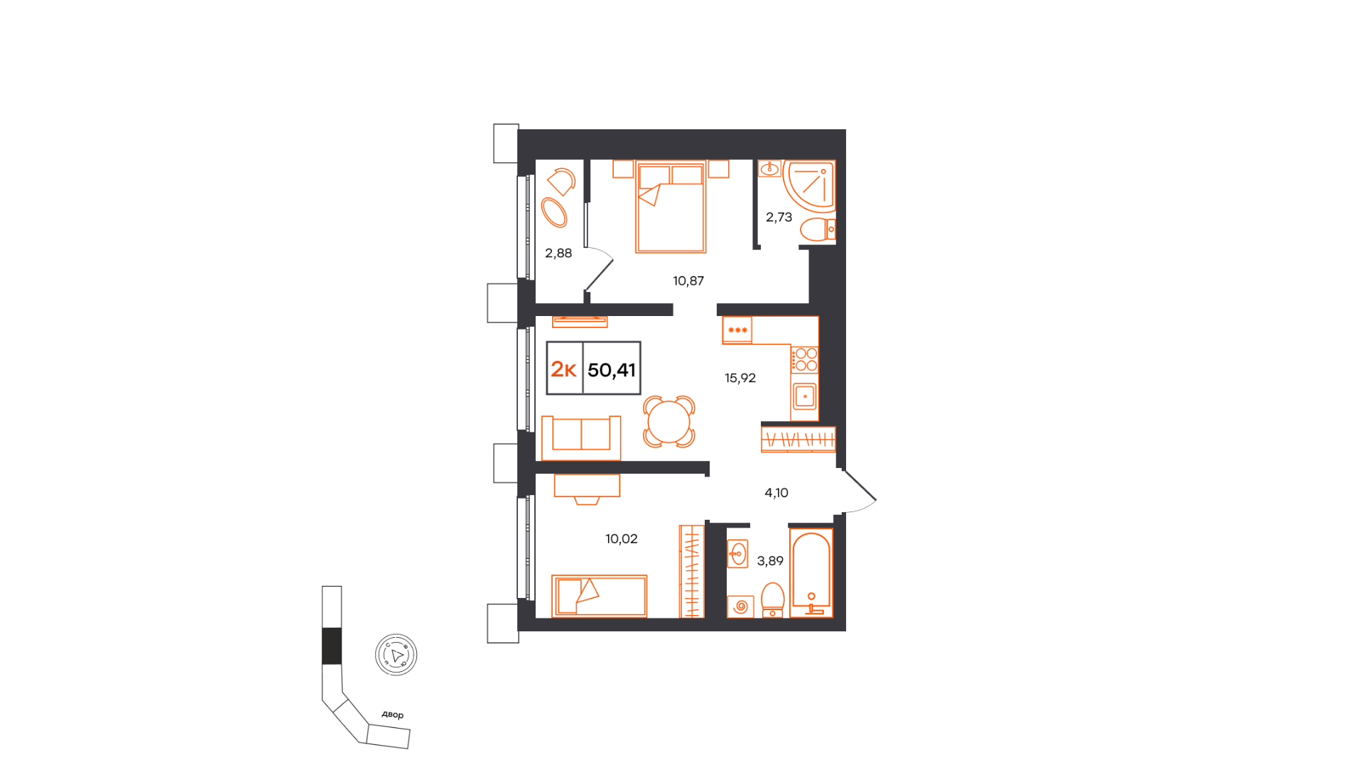 Планировка: Евротрешка 50.4 м² в ЖК Фатера, Дом Обороны