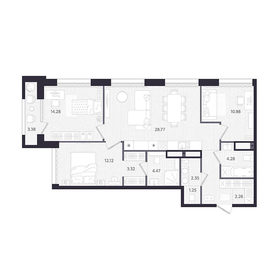 Планировка: 4-комнатная евро 90.6 м² в ЖК Темплин, Центр