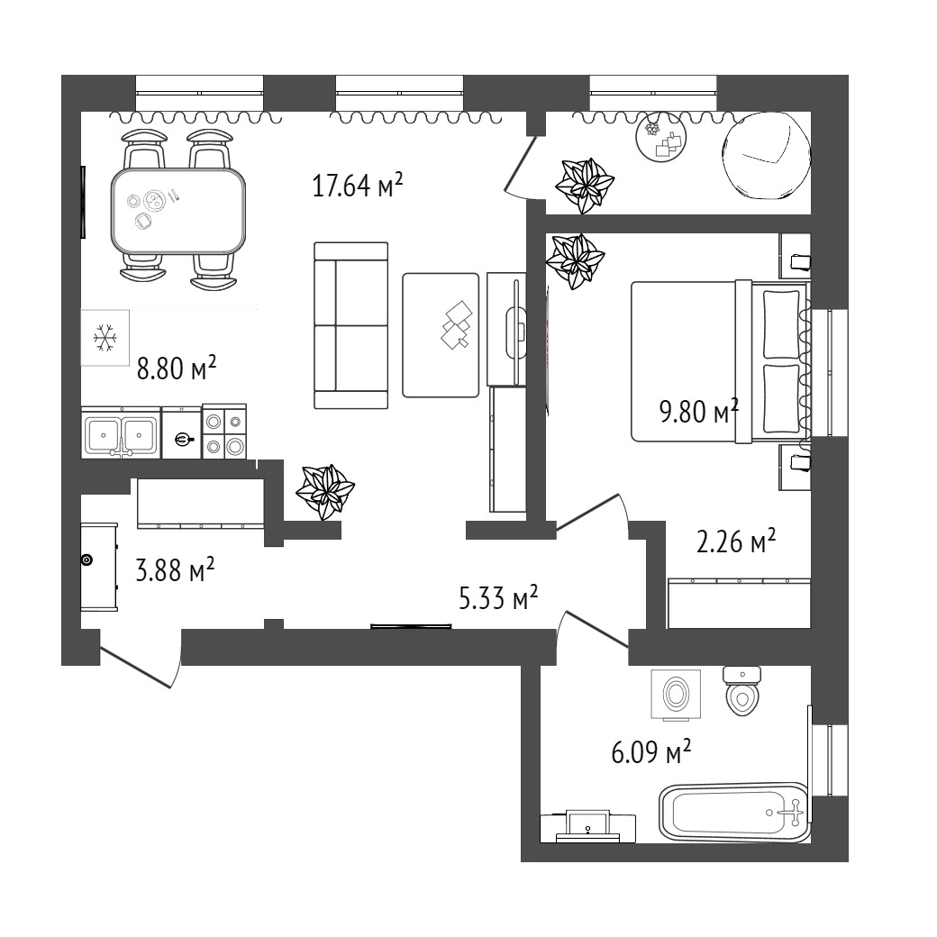 Планировка: Евродвушка 53.8 м² в ЖК Листопад, От Слободы до Комарово парк