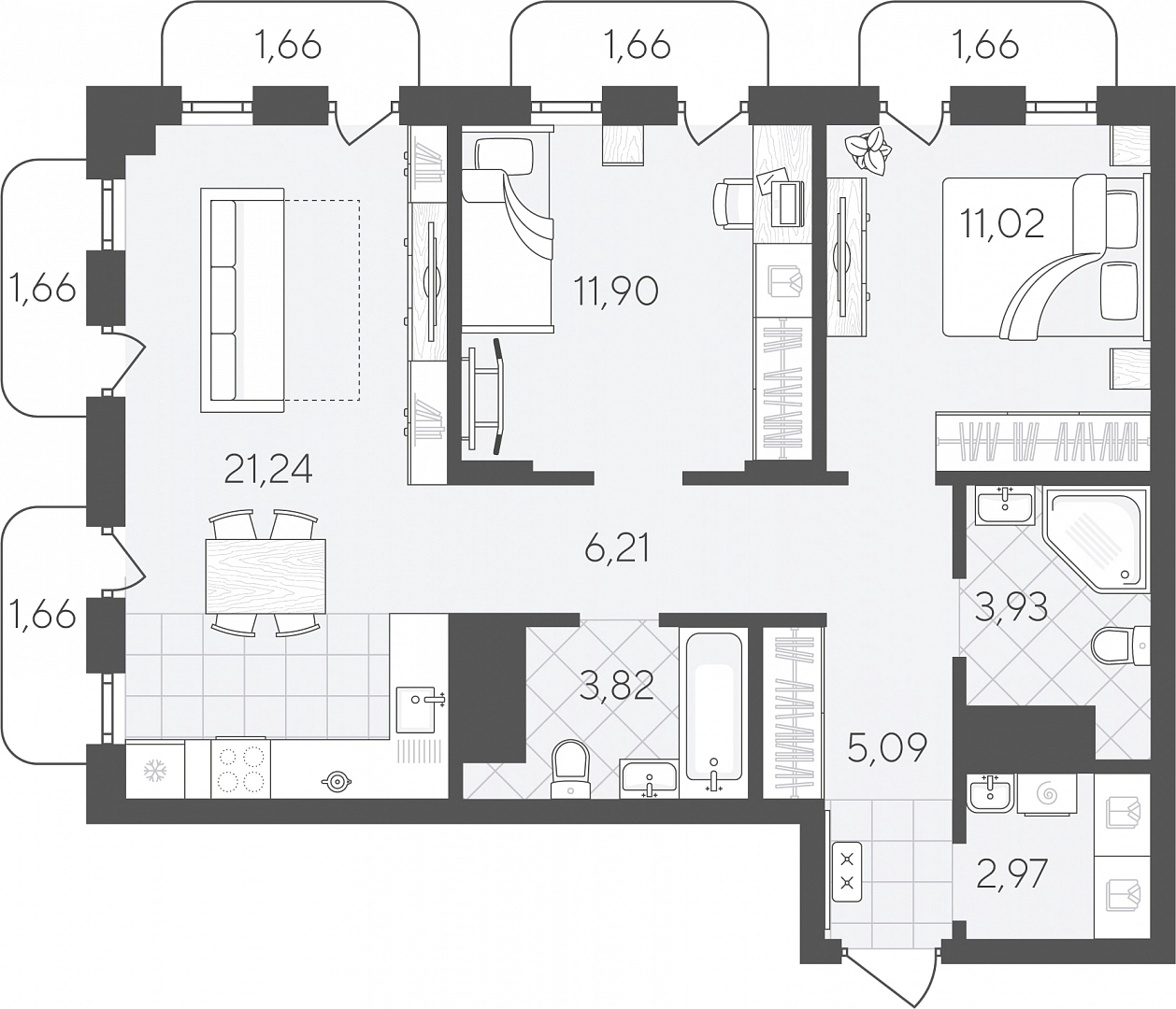 Планировка: Евротрешка 74.5 м² в ЖК Скандиа. Квартал в Слободе, Тюменская слобода