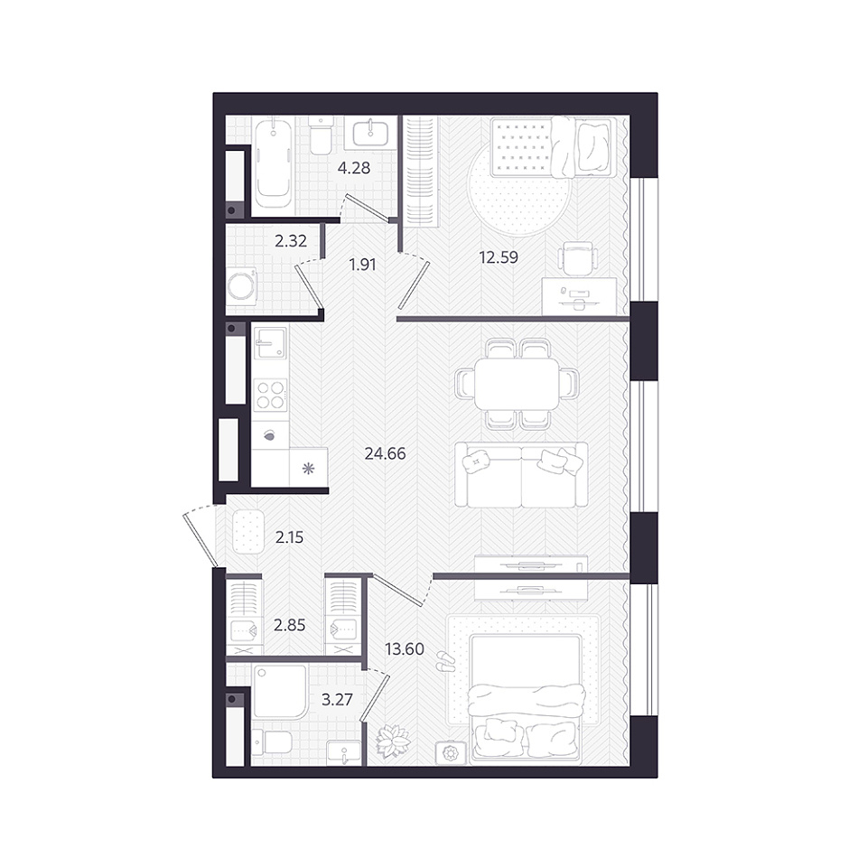 Планировка: Евротрешка 67.6 м² в ЖК Темплин, Центр