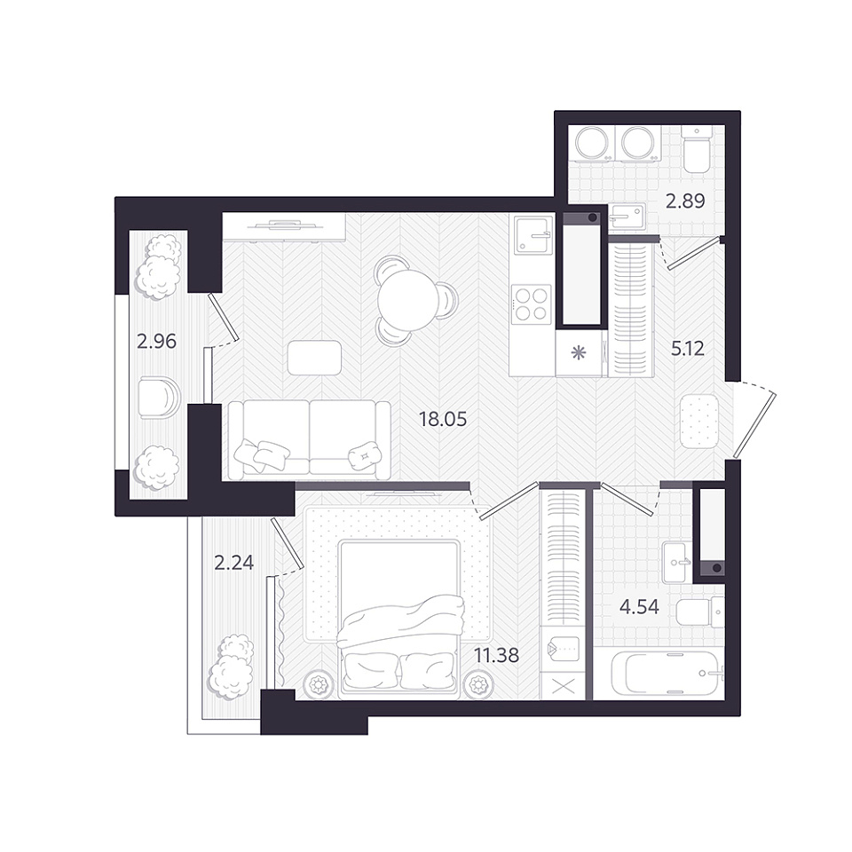 Планировка: Евродвушка 43.5 м² в ЖК Темплин, Центр