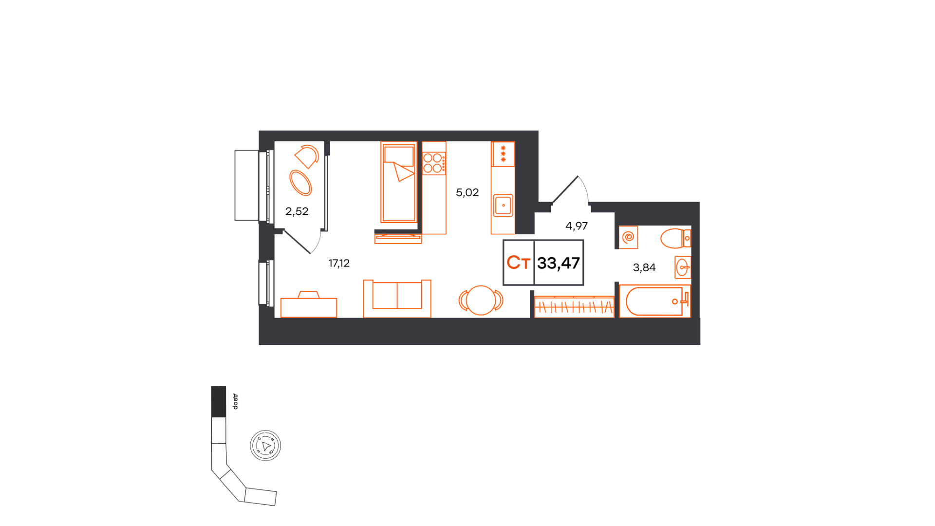 Планировка: Студия 33.5 м² в ЖК Фатера, Дом Обороны