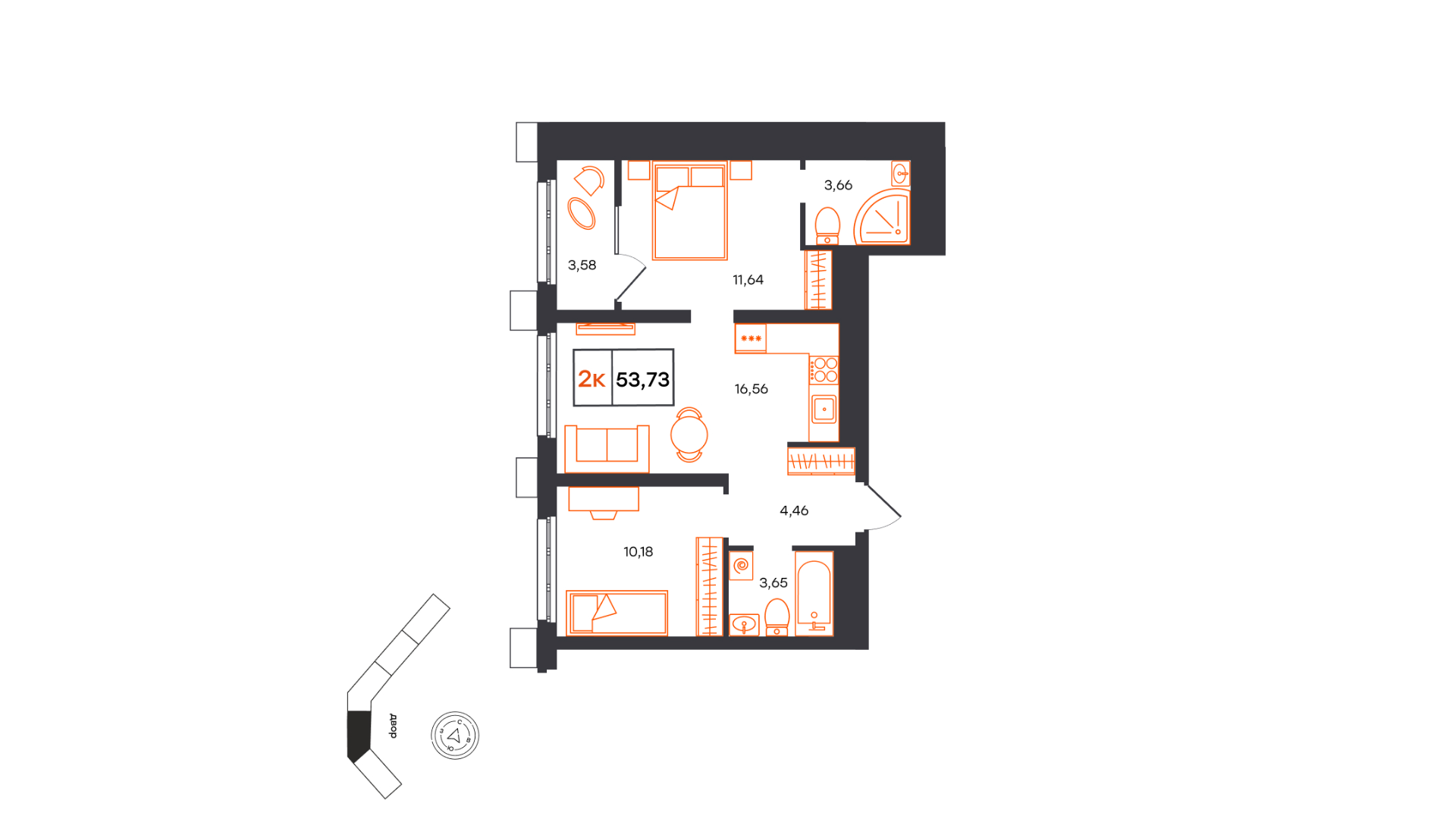 Планировка: Евротрешка 53.7 м² в ЖК Фатера, Дом Обороны