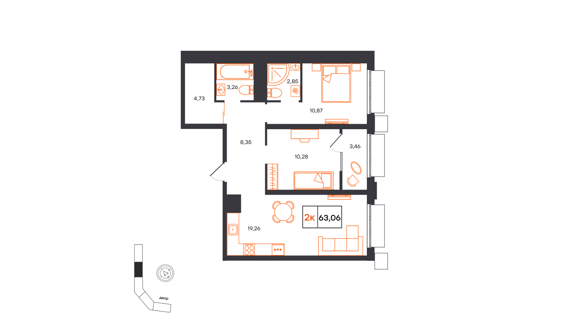 Планировка: Евротрешка 63.1 м² в ЖК Фатера, Дом Обороны