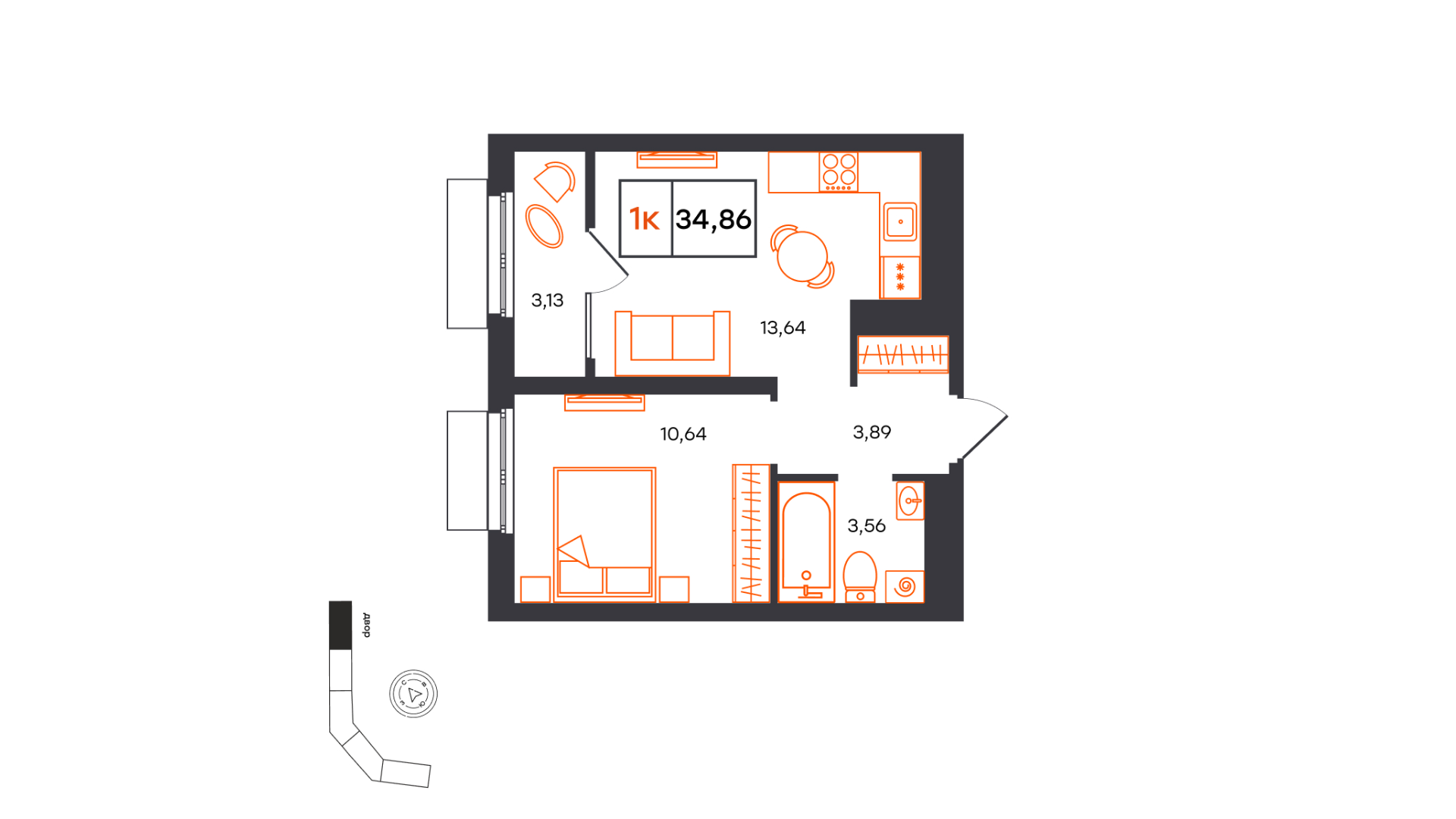 Планировка: Евродвушка 34.9 м² в ЖК Фатера, Дом Обороны