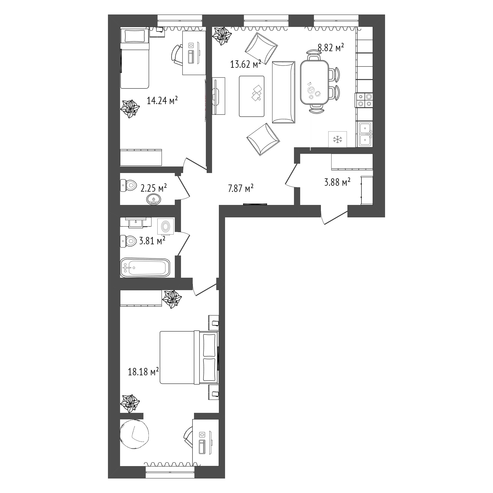 Планировка: Евротрешка 72.7 м² в ЖК Листопад, От Слободы до Комарово парк